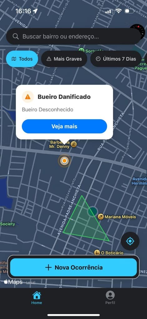 Captura do aplicativo no mapa com busca, filtros e nova ocorrência