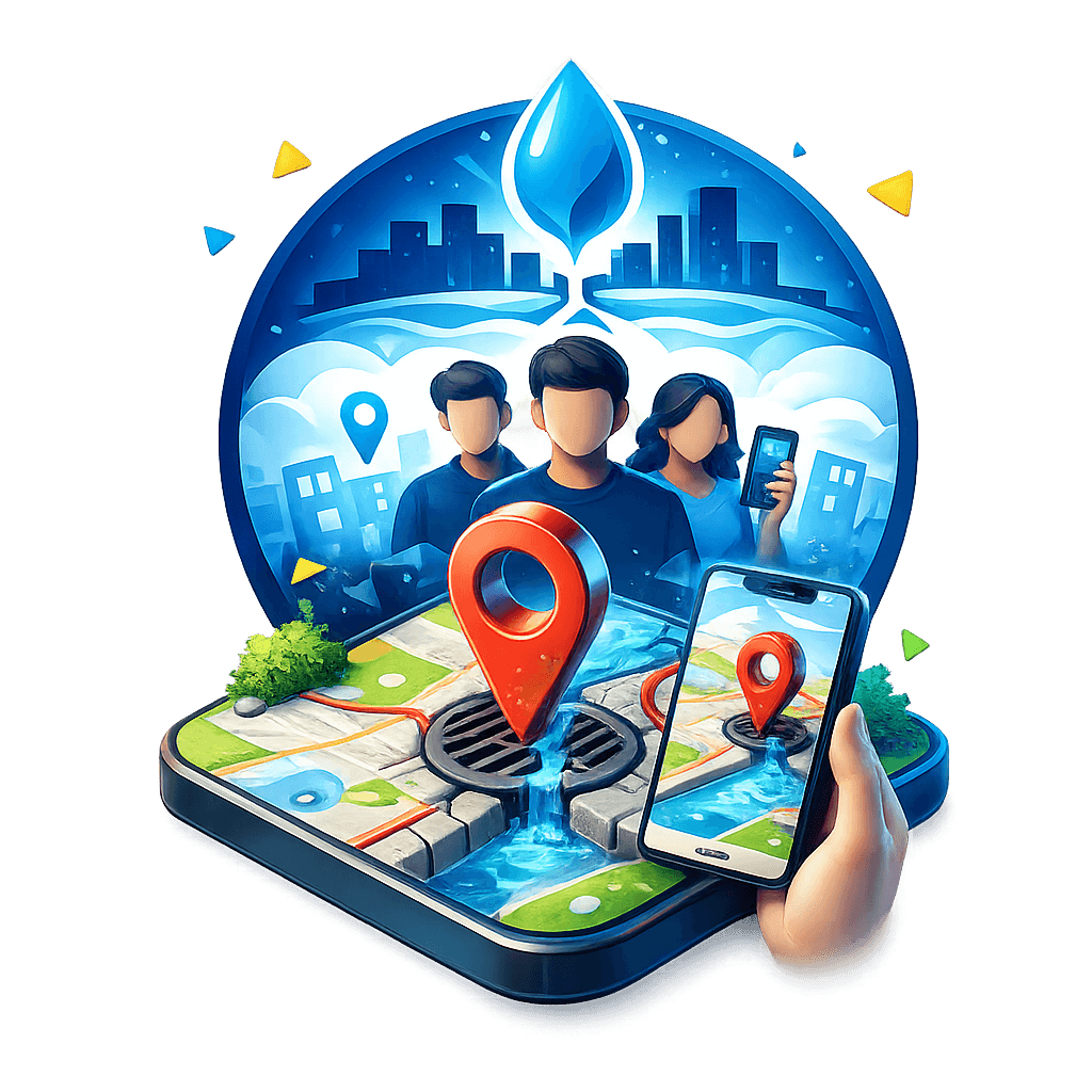 Ilustração do projeto De Olho no Bueiro mostrando comunidade, mapa urbano e monitoramento por celular